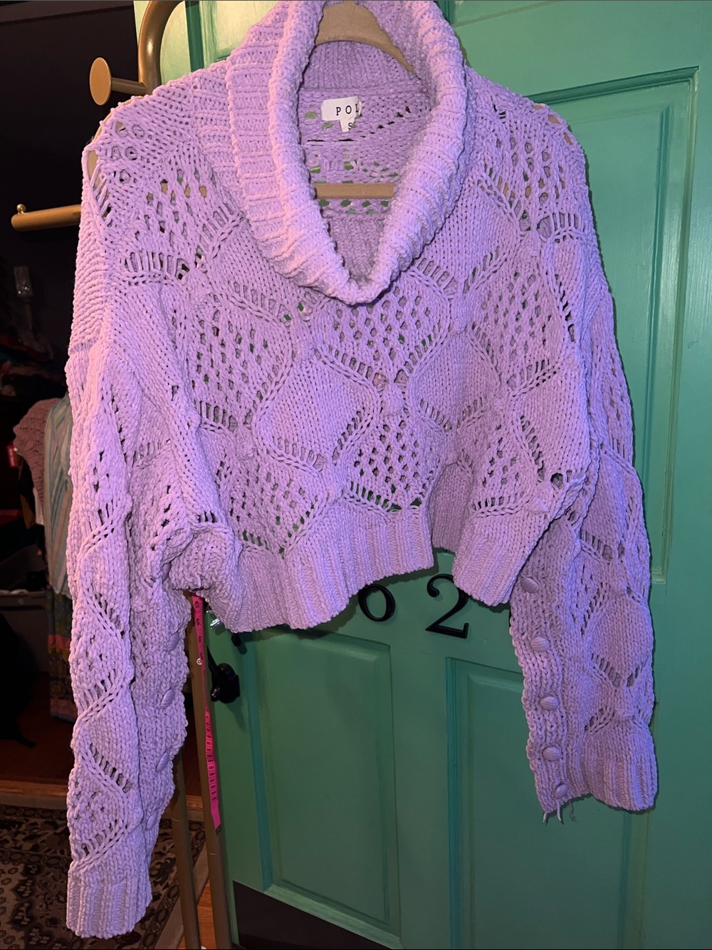 POL chenille Open-Weave Cropped Cowl Neck Sweater w/button arms size S